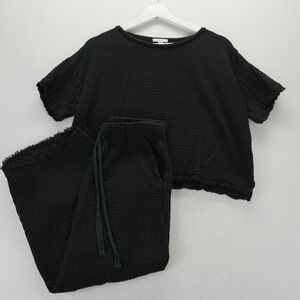 Eileen Fisher Organic Cotton Gauze Top/Pants Set Black XS/XXS Raw Hem Lagenlook